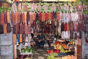 Shop in Tbilisi that sells Georgian sweets shaped like salamis